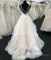 Light champagne v neck tulle lace long Semi Formal Prom Dresses, wedding Dresses